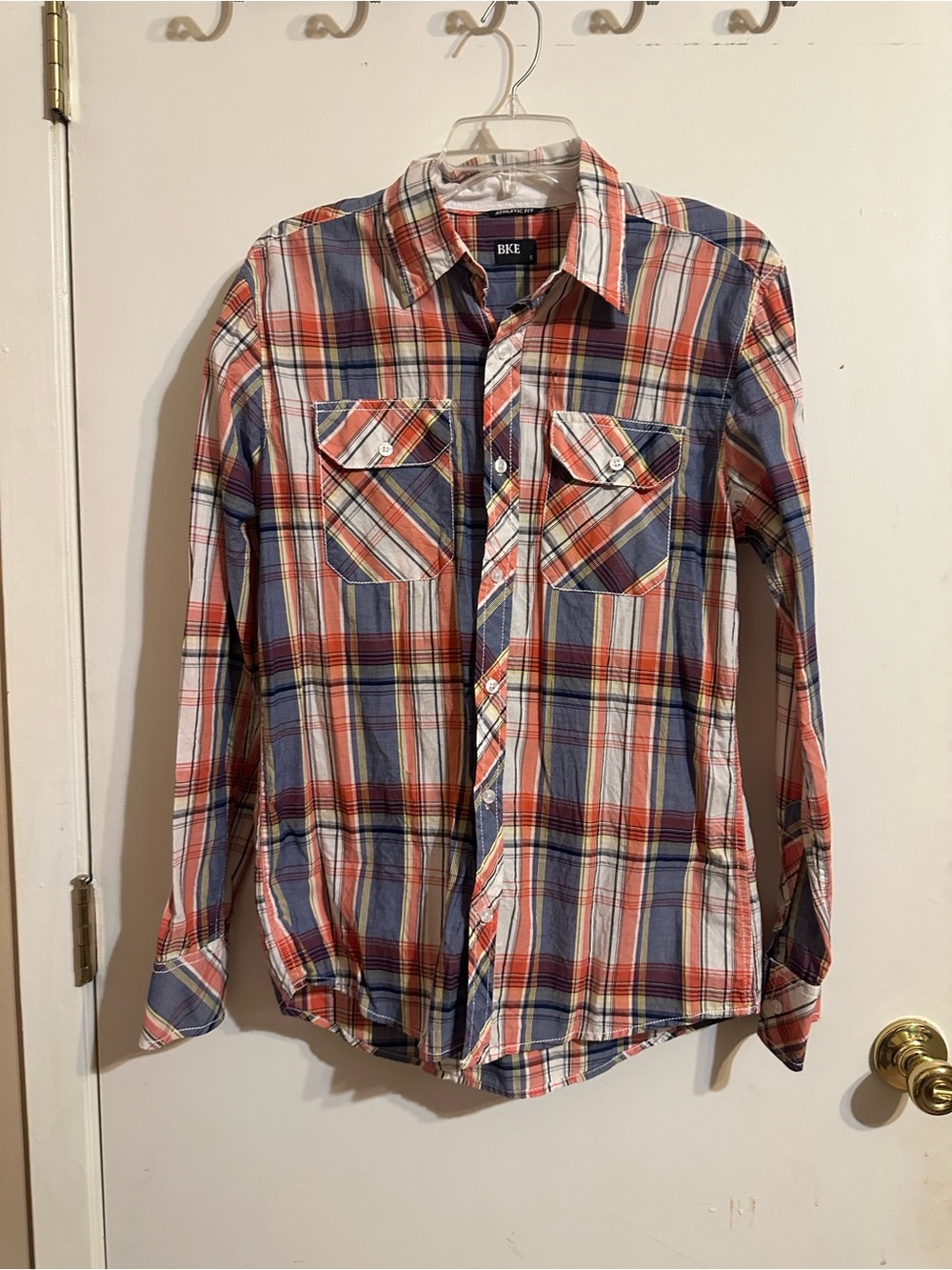 Buckle Men’s Orange, Blue & White Plaid Button-Up Shirt